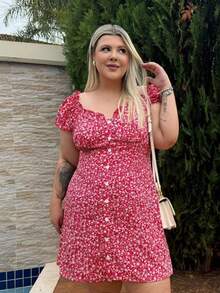 magalhaesca Vintage Plus Size Dress With White Floral Print On Red Base And Puff Sleeve, For Summer,Beach Dress Sundress,Holiday Outfits Boho