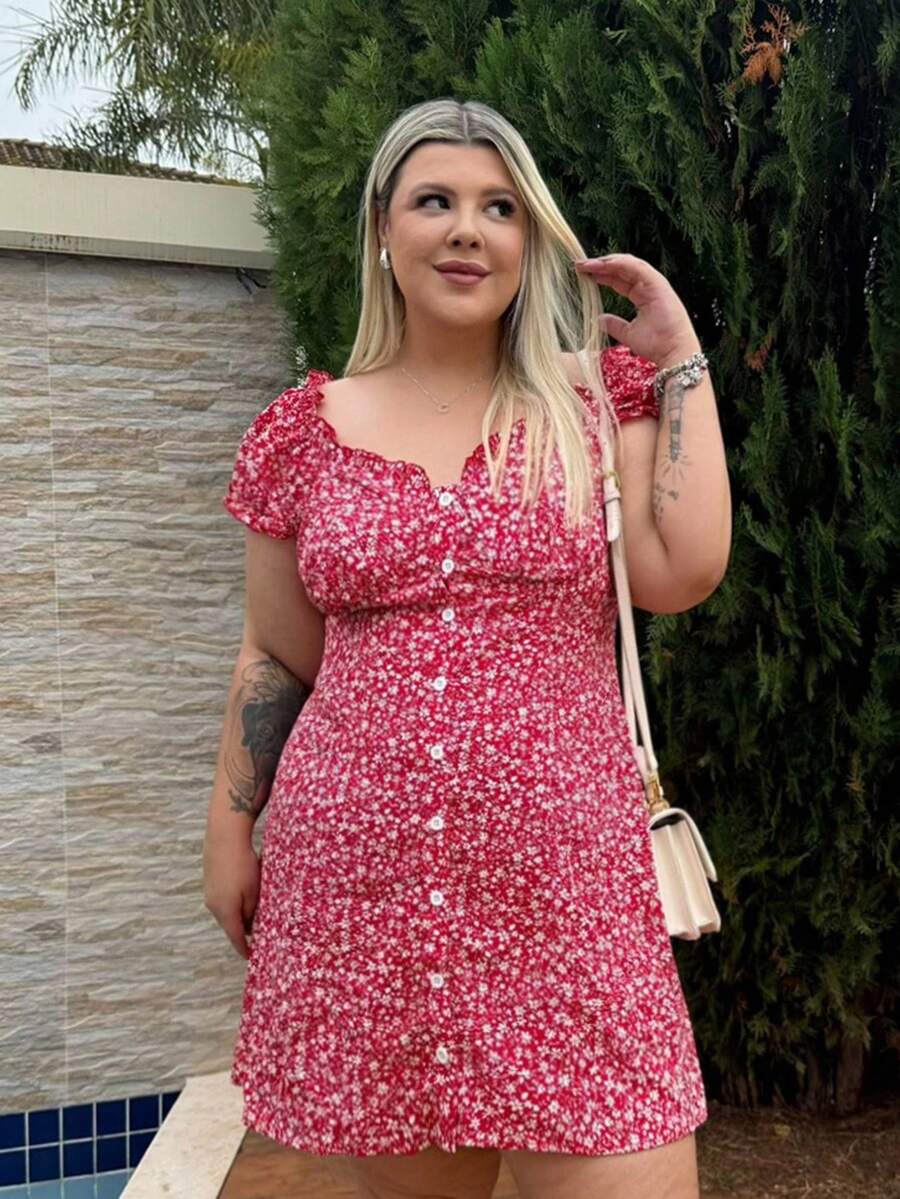 magalhaesca Vintage Plus Size Dress With White Floral Print On Red Base And Puff Sleeve, For Summer,Beach Dress Sundress,Holiday Outfits Boho