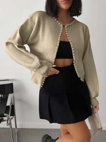 EURMUSE Women's Short Pearl Embellished Cardigan Sweater - Beige - View 6