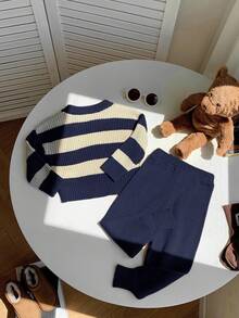SHEIN 2pcs Baby Boy/Girl Navy And White Striped Sweater And Pants Set,Vintage British Style Raglan Outfit For Matching Family,Modest Casual Autumn Clothes - Multicolor - View 2