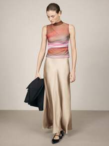 BizChic 2025 Autumn Women's Satin Waist Mermaid Hem Skirt, Business Casual Daily Commute Elegant Beach Resort Suitable For Wedding Guest, Brunch, Airport, 90s Retro Office - Champagne - View 8