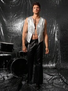 FeverCity Men's Woven Casual Loose Fit Sleeveless Vest Top , Fall Winter - Silver - View 4