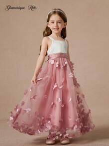 Glamorique Kids Young Girl Birthday Party Princess Dress Piano Performance Tulle Dress, Stylish Flower Girl Wedding Pageant Ceremony Show Outfit Pink Flower Girl Dresses Girls Pink Dress With 3d Flowers Long Dresses For Kids Long Flower Girl Dress
