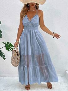 SHEIN Clasi Plus Size Women Vacation Style Texture Spaghetti Strap Ruffle Hem Gathered Waist Dress - Navy Blue - View 1