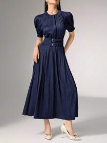 Heiryn Round Neck, Raglan Sleeve, Short Sleeve, Waist Cinched, Elegant Korean Style Office Dress - Navy Blue - View 5