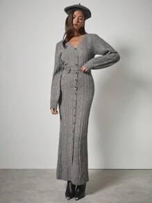 COSMINA Women's Twist Cable Pattern Long Sleeve Single-Breasted Fitted Elegant Knit Dress In Fall/Winter - Apricot - View 3