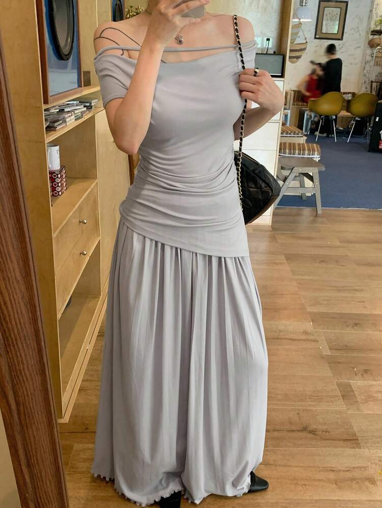 Spring/Summer Fitted Solid Color Minimalist Tie-Up Off Shoulder Top And Asymmetric Hem A-Line Skirt 2 Pieces Set For Women