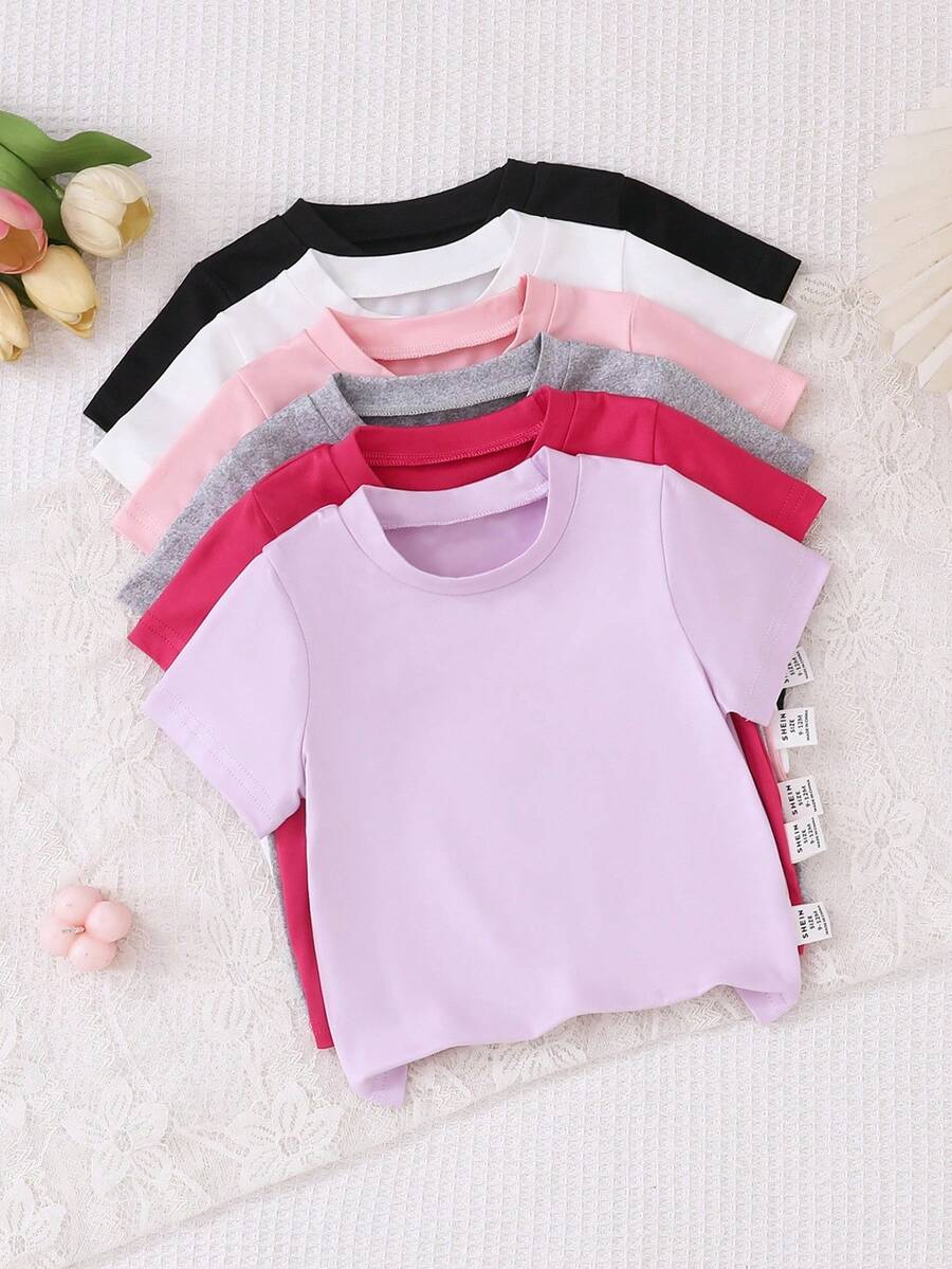 SHEIN Playful Pals 6件套婴幼儿女童百搭纯色宽松舒适柔软针织面料圆领短袖T恤上衣，性价比高，有黑色、粉色、白色、杏色、灰色、紫色可选，适合春夏休闲装 - 彩色 - 查看 1