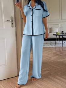SHEIN Bộ đồ ngủ tay ngắn rộng rãi, thoải mái, ve áo viền tương phản - Màu xanh lam - Xem 3