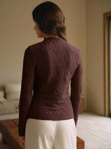 Anewsta Camiseta plisada casual y elegante de cuello redondo para mujer, color marrón - Óxido marrón - Ver 2