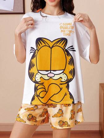 GARFIELD | SHEIN 女士卡通字母图案落肩宽松上衣和短裤睡衣套装，夏季