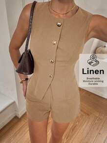 Siren Gaze Conjunto de chaleco y pantalones cortos de un solo botonadura de unicolor para mujer en otoño/invierno