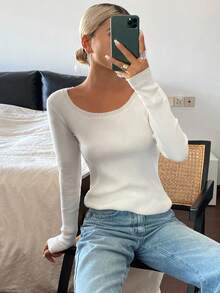 DAZY Áo len dài tay cổ tròn màu trắng cho nữ, mặc thường ngày, mùa thu - trắng - Xem 2