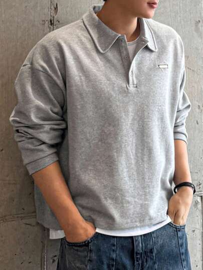 DAZY Men's Grey Polo Shirt With Label Design, Autumn