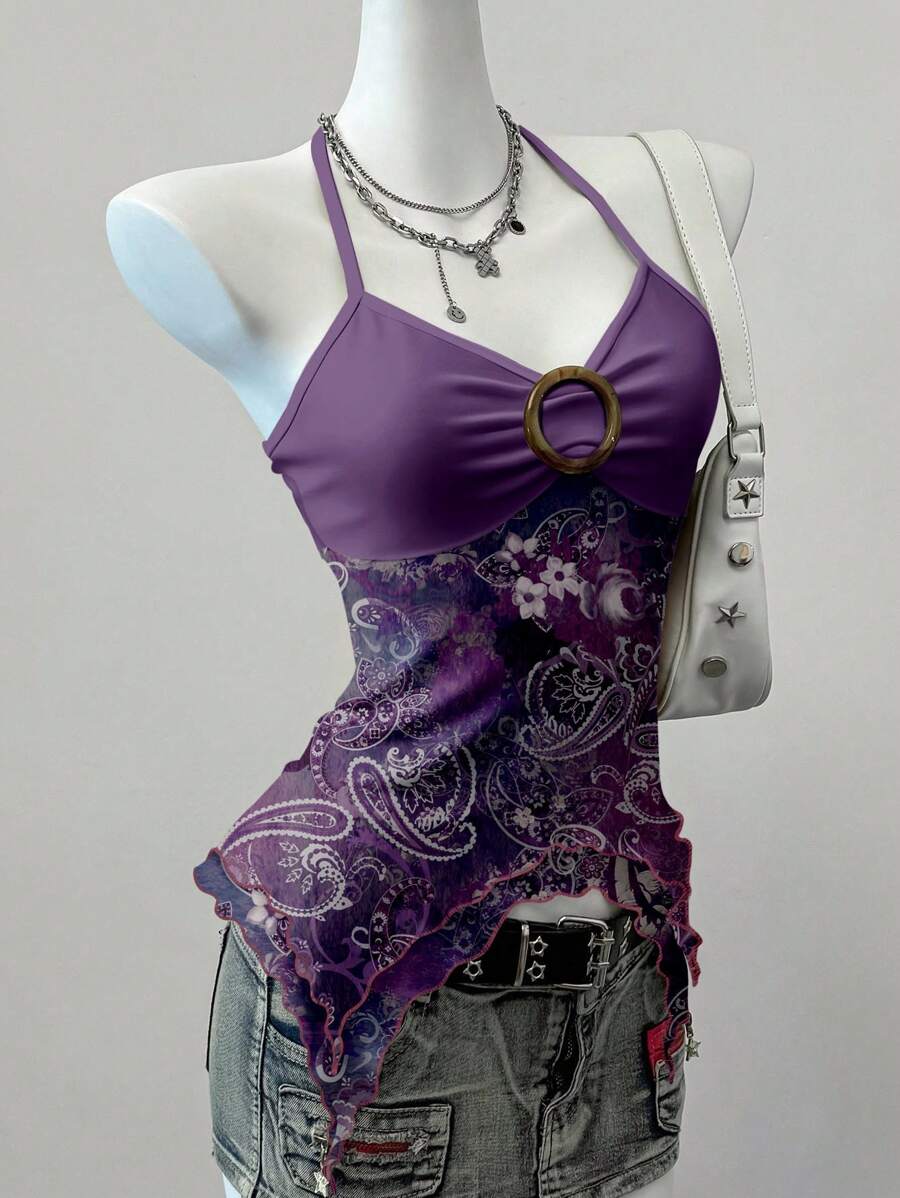 SHEIN EZwear 紫色花卉印花网眼吊带背心，Y2K 风格，适合俱乐部穿着 - 彩色 - 查看 1