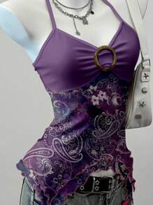 SHEIN EZwear 紫色花卉印花网眼吊带背心，Y2K 风格，适合俱乐部穿着 - 彩色 - 查看 5