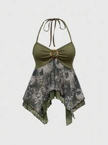 ROMWE Camiseta de mujer de cuello halter con estampado completo de malla y mariposas en estilo fairycore 2 en 1 - Multicolor - Ver 1