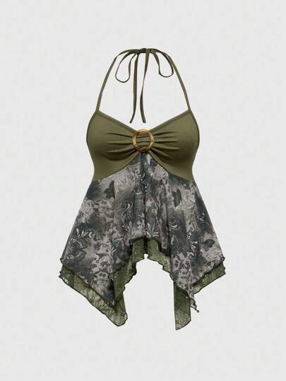 Camiseta de mujer de cuello halter con estampado completo de malla y mariposas en estilo fairycore 2 en 1
