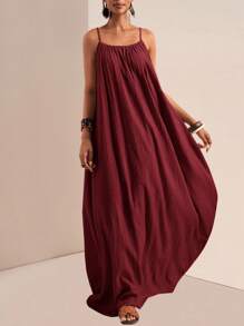 Slaydiva Đầm maxi không tay màu trơn cỡ lớn, đầm maxi dài kiểu dáng thường ngày cho kỳ nghỉ, đầm maxi mùa hè, đầm maxi màu đỏ đô, đầm maxi màu đỏ sẫm, đầm maxi màu nâu đỏ, đầm maxi mùa hè. - Màu Đỏ Sâu - Xem 6