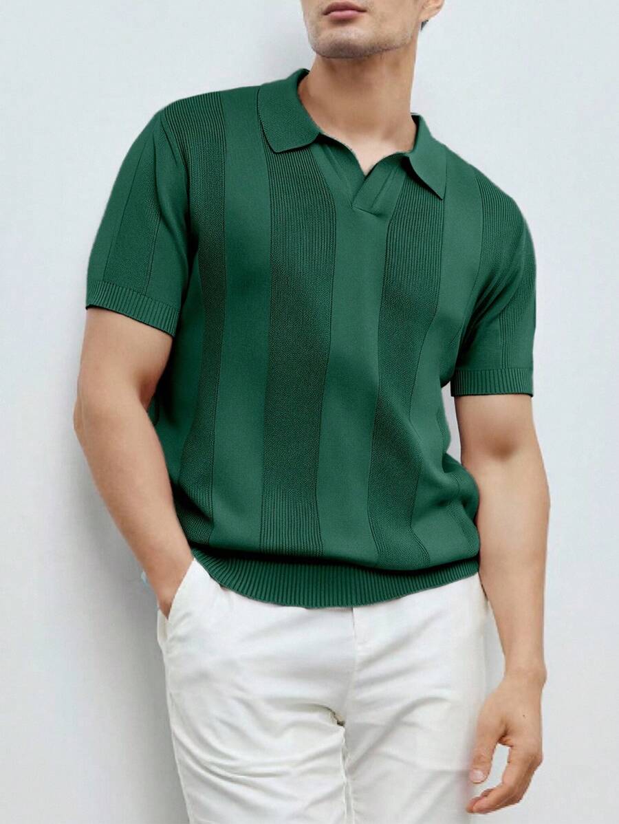 Manfinity Homme Men's Summer Casual Striped Patchwork Knit Top Men Green Knitted Polo Men Summer Polo Shirt - Dark Green - View 1