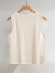 女式休闲日常宽松刺绣马匹图案无袖上衣，白色 - 杏色 - 查看 2