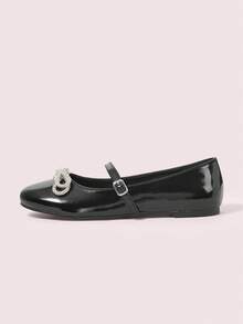 CUCCOO DOLLMOD Women's Black Patent Leather Rhinestone Bow Decor T-Strap Mary Jane Flats, Fashionable & Cute - Black - View 6
