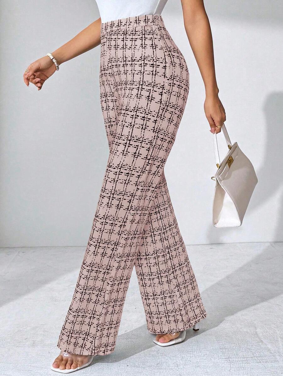 SHEIN Clasi 夏季优雅女士格纹印花弹力针织裤，适合各种场合，适合夏季度假、优雅旅行、日常通勤 - 粉色 - 查看 1
