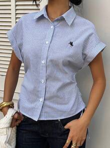 SHEIN EZwear Damen Blaues gestreiftes Fledermaus-Muster Kurzarm Shirt