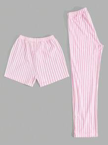 EURMUSE Bộ đồ ngủ mặc nhà Cottonline 2 mảnh họa tiết sọc kèm dây rút giả cho nữ - Hồng - Xem 2