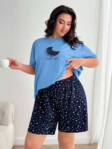 EURMUSE Plus Short Sleeve Moon With Lettered Short Sleeve And Contrast Colour Star Patten Wit H Lettuce Trim Shorts Homewear Pajama Set - Blue - View 5