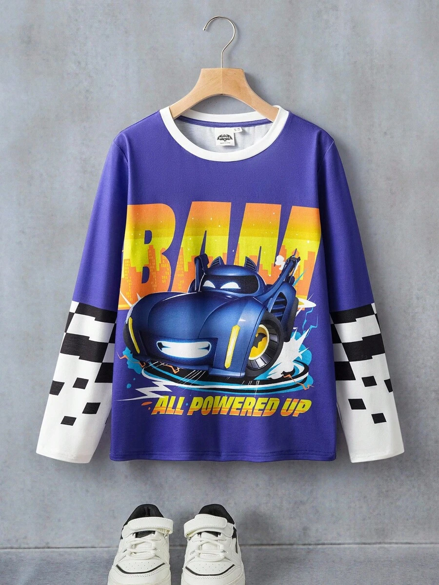 Batwheels X SHEIN Tween Boy Casual Street Style Racing Car & Slogan Graphic Checkered Long Sleeve T-Shirt, Spring/Autumn Cars Shirt For Boys Race Car Clothes Boys Full Sleeve T Shirts Cartoon