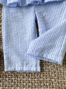 SHEIN 女婴幼儿新生儿0-3岁蓝白条纹蝴蝶结长袖衬衫+裤子套装，适合日常穿着，秋冬 - 藍色 - 查看 4