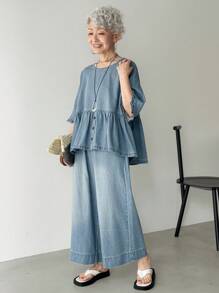 FRIFUL Women's Casual Washed Loose Top And Wide-Leg Jeans Set