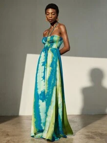 Aveloria Modichic 雪纺扎染印花挂脖系带无袖度假连衣裙