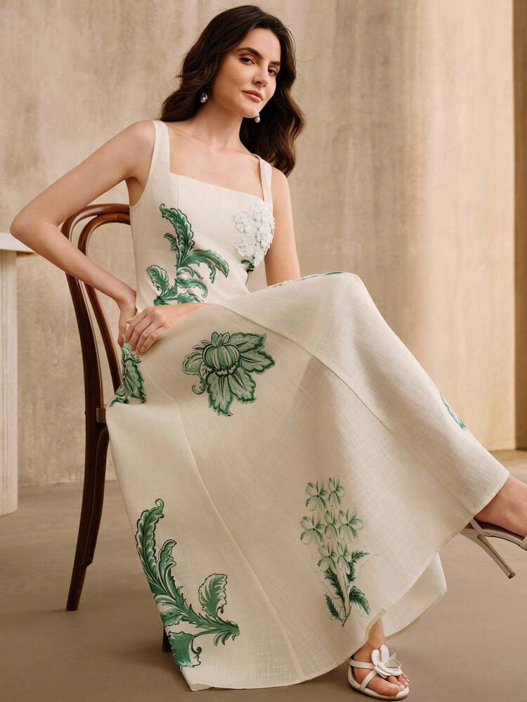 Elegant Floral Print Spaghetti Strap Dress For Women