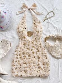 Soleia 女士新款亮片露背系带设计金属装饰迷你连衣裙，适合圣诞节、约会之夜、夜总会、海滩、游轮、下午茶、波西米亚风、波西米亚风、度假 - 杏色 - 查看 4