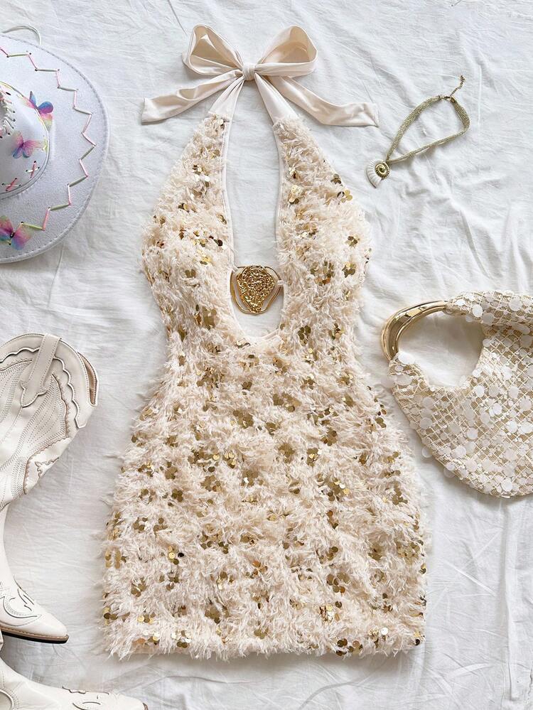 Soleia Vestido Curto Feminino Novo com Decote Halter, Costas Abertas, Laço e Decoração Metálica, Adequado para Natal, Encontro à Noite, Balada, Praia, Cruzeiro, Chá da Tarde, Boêmio, Férias - Damasco - Visão 4