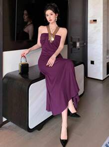 DAZY Đầm midi không tay cổ chữ V đính sequin cho nữ, đầm cưới nữ, đầm hè nữ, đầm chống nắng. - Màu tím - Xem 5