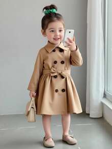 SHEIN Baby Girl Cute Simple Khaki Color Thermal Lined Long Coat With Lapel, Fall Winter