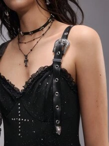 ROMWE EDITION 做旧 Y2K 复古哥特十字串珠拼接不对称下摆女式连衣裙（配腰带） - 黑色 - 查看 3