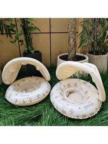 1pc Swimming Ring With Sunshade And Handles, Featuring A Circular Pattern, Suitable For Both Outdoor And Indoor Swimming.