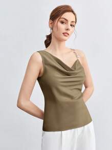 BizChic 女士不对称褶皱金属装饰吊带背心，简约优雅时尚商务休闲风，适合都市通勤、办公室、教师、婚礼宾客、音乐会等场合。