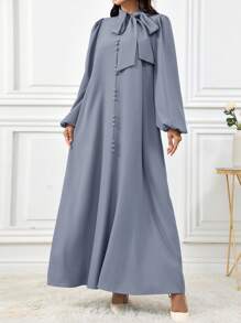 Al Najma 女士优雅纯色灯笼袖系带领阿拉伯连衣裙，适合秋季，端庄优雅的 A 字型阿拉伯连衣裙，适合休闲日常 - 藍色 - 查看 6