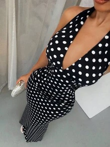 SHEIN SXY 黑白波点优雅挂脖鱼尾下摆连衣裙 - 黑與白 - 查看 1