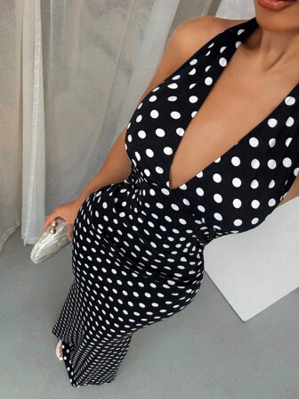 SHEIN SXY Svart & Vit Prickig Elegant Halterneck Klänning med Fisksvanskant