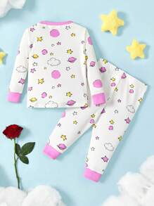 LE PETIT PRINCE X SHEIN Ensemble pyjama blanc à manches longues et pantalon, motif planète rose mignon, style décontracté pour bébé fille