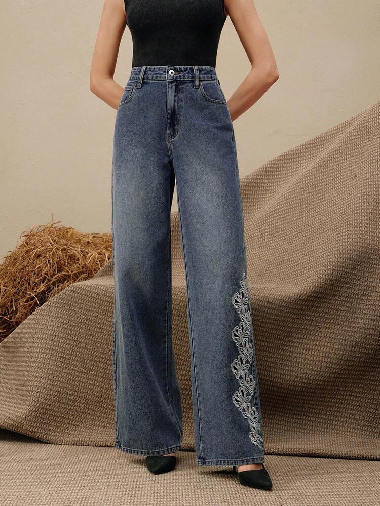 New European Style Embroidered Wide Leg Jeans, Loose & Slimming Wide Leg Denim Pants For Women