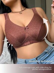 NudeFit 1件大码女士纯色优雅舒适柔软提花蝴蝶结装饰柔软海绵可调节肩带无钢圈文胸 - 棕色 - 查看 4