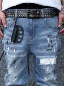 Manfinity EMRG Avant-Garde Gothic Style Long Ripped Jeans In Light Wash Denim For Men Men Paint Splatter Jeans Streetwear Jeans Ripped Jeans Men, Emo Style - Light Wash - View 6