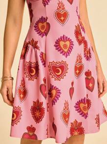 Women's Boho Vacation Tropical Heart Print Cami Mini Dress, Pink - Multicolor - View 6